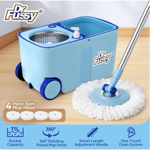 Spin Mop Bucket Tile Wood Floor Cleaner 4 Microfibre Heads Magic Wet Dry 11L