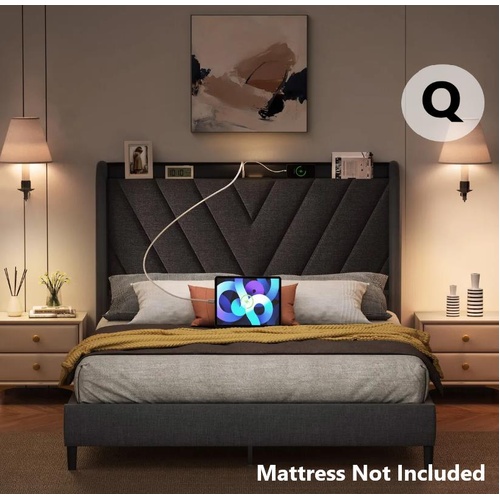LUXSUITE Queen Size Bed Frame Headboard Bedroom Mattress Base Wooden Slats USB