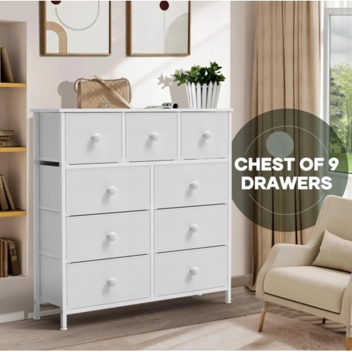 Wide Chest of 9 Drawers Tall Dresser Tallboy White Console Table Bedroom Closet