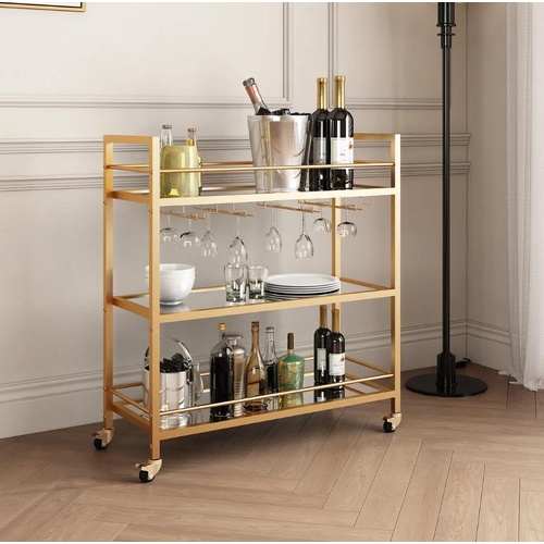 Gold Bar Cart Wine Rack Drinks Trolley Coffee Tea Kitchen Serving Shelves Metal