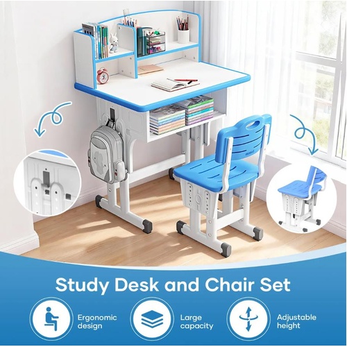 Study Desk and Chair Set Height Adjustable Ergonomic Kids Writing Table Bookcase