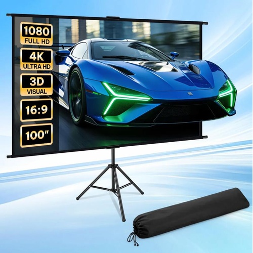 100 Inch Projector Screen Tripod 4K Ultra HD 16:9 TV Home Theatre Movie Cinema