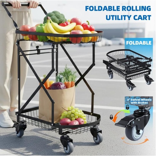 2-Tier Folding Trolley Cart Utility Shopping Heavy Duty Collapsible Storage Cart