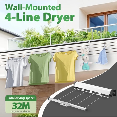 Retractable Clothesline 4 Line Laundry Clothes Dryer Airer Wall Mounted Rack 32m