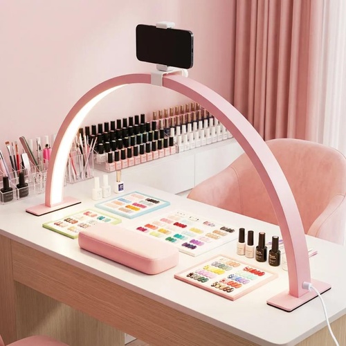 LED Half Moon Beauty Desk Lamp Salon Nail Lash Extension Fill Light Phone Holder