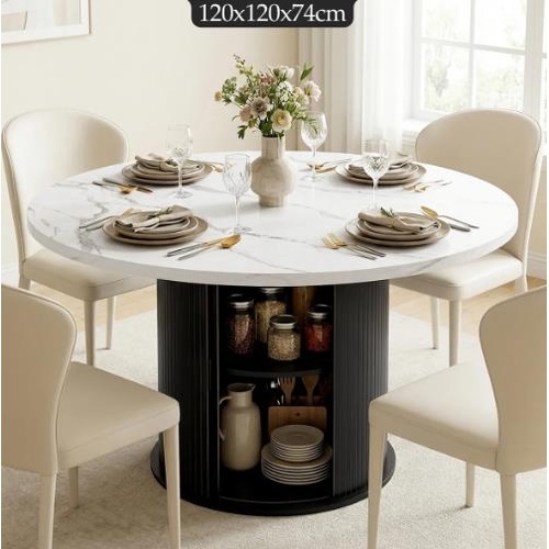 Round Dining Table 120cm Modern Kitchen Breakfast Room Storage Marble Tabletop