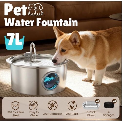 Auto Cat Water Fountain 7L Stainless Steel LED Dog Drinking Filtration Dispenser