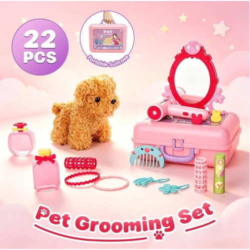 22Pcs Kids Pet Grooming Toy Set Plush Dog Vet Pretend Play Kit Animal Care 3+