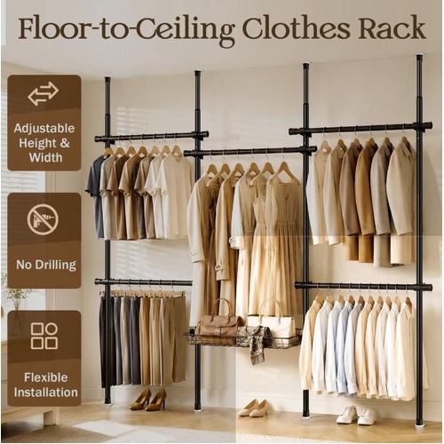 Floor to Ceiling Garment Rack Adjustable No Drill Wardrobe Organiser Hanging Bar
