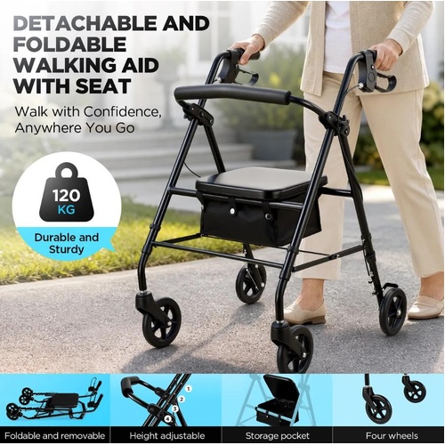 2 in 1 Foldable Rollator Walker Seat Seniors Mobility 4 Wheels Adjustable Handle