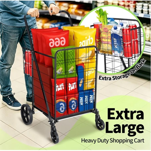 Folding Shopping Trolley Cart 40kg Portable Grocery Storage Rear Basket Wheeled
