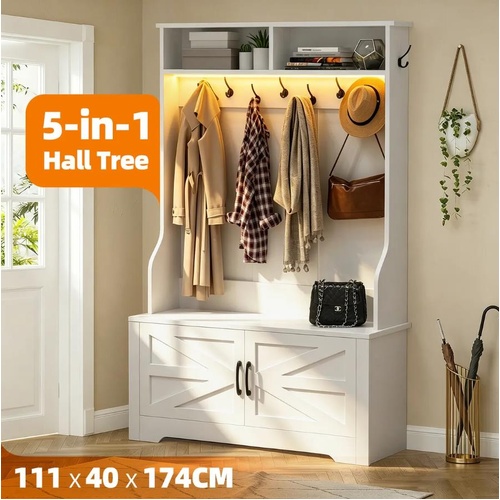 5 in 1 Coat Rack Shoe Cabinet LED Hall Tree Unit Entryway Storage Bench Hanger