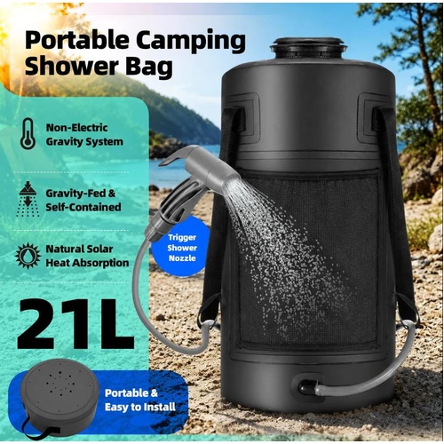 21L Portable Camping Shower Bag Outdoor Gravity Fed Solar Heating Kit Hose Head