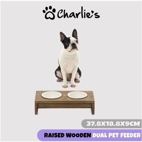 Charlie's Raised Wooden Dual Dog Feeder with Porcelain Bowls