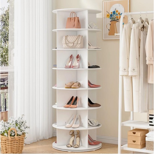 7-Tier Rotating Shoe Rack Tower Swivel Storage Organiser Display Carousel White