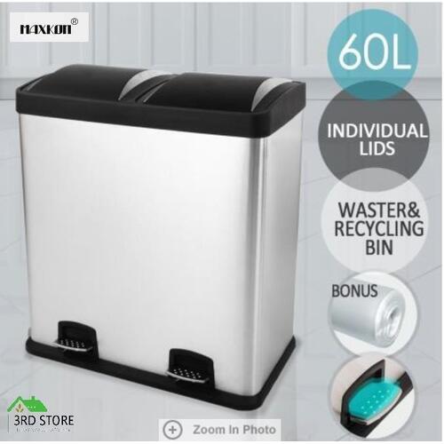 60L Rubbish Bin Dual Pedal Compartment Stainless Steel Kitchen Waste Garbage Can