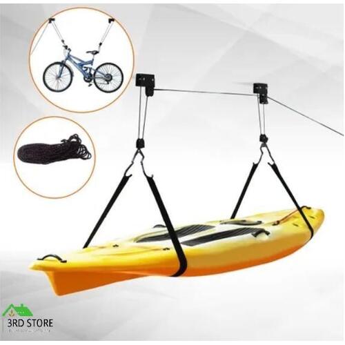 Kayak Hoist Bike Lift Pulley System Ceiling Hook Garage Storage Rack Free Rope