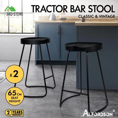 ALFORDSON 2x Bar Stools 65cm Tractor Kitchen Wooden Vintage Chair Black