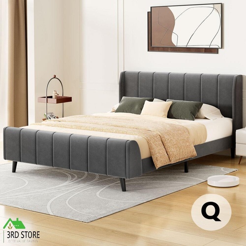 ALFORDSON Bed Frame Queen Size Tufted Headboard Base Grey Velvet HUNDOLF