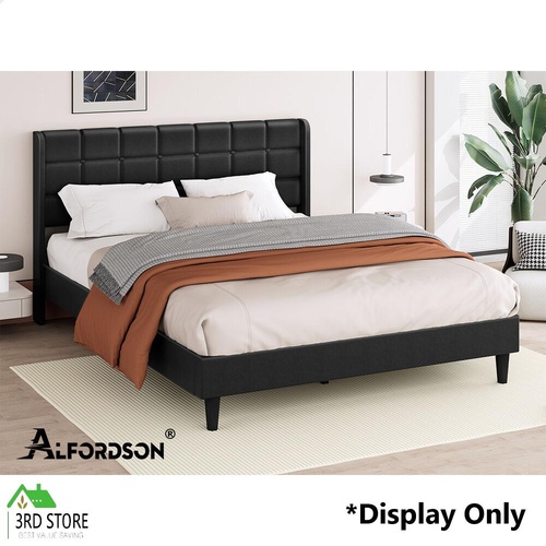 ALFORDSON Bed Frame King Size Upholstered Wingback Base Black Leather SARAH