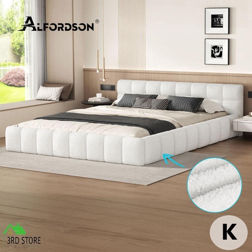 ALFORDSON Bed Frame King Size Tufted Headboard Foundation White Boucle TALMON