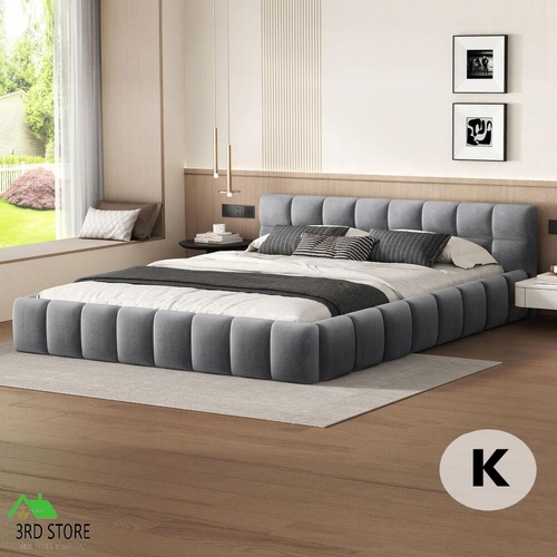 ALFORDSON Bed Frame King Size Tufted Headboard Foundation Grey Velvet TALMON