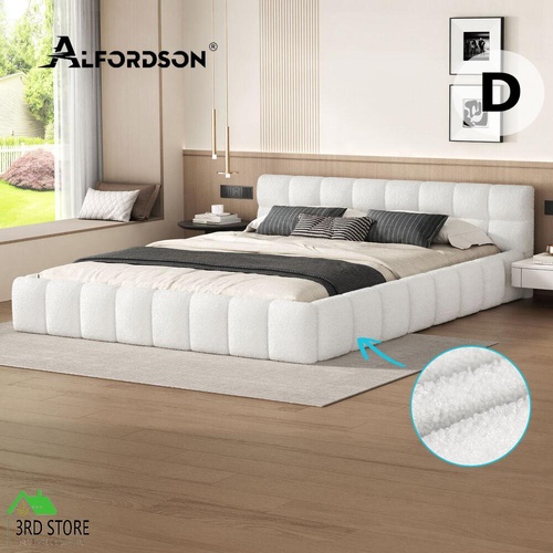 ALFORDSON Bed Frame Double Size Tufted Headboard Foundation White Boucle TALMON