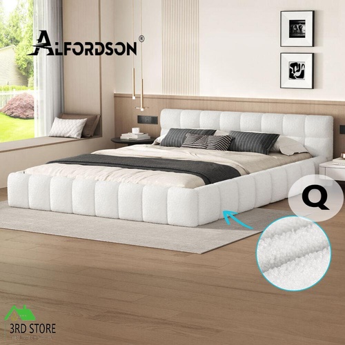 ALFORDSON Bed Frame Queen Size Tufted Headboard Foundation White Boucle TALMON
