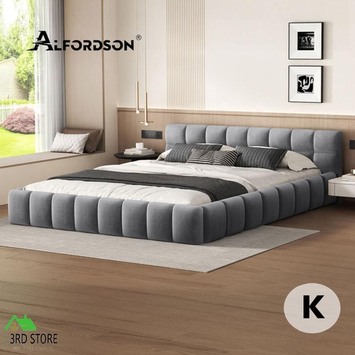ALFORDSON Bed Frame Queen Size Tufted Headboard Foundation Grey Velvet TALMON