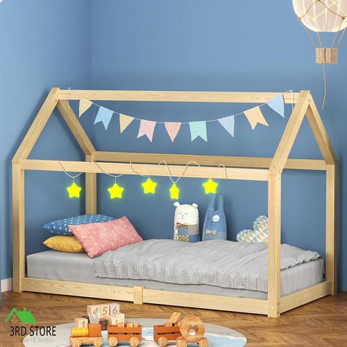 ALFORDSON Kids Bed Frame Wooden Timber Single House Frame Platform Bed Base Oak