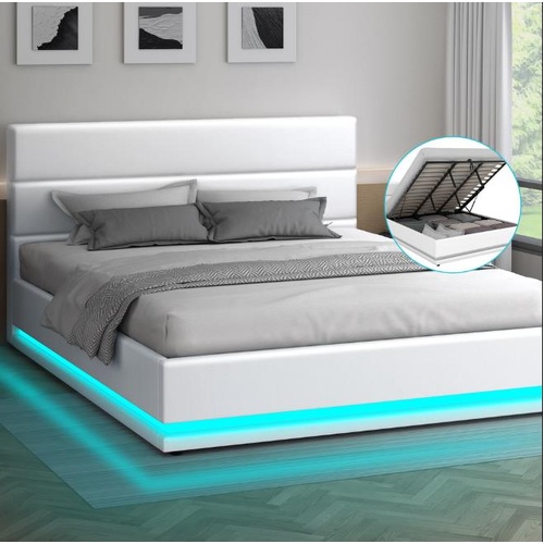 ALFORDSON Bed Frame King Size RGB LED Gas Lift Base Platform Storage White