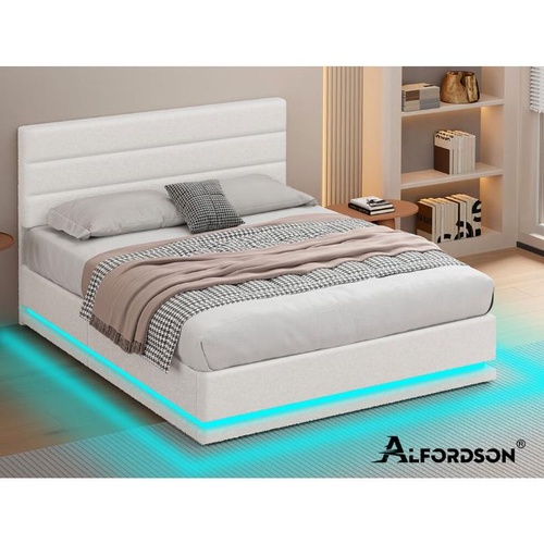 RETURNs ALFORDSON Bed Frame Queen Size Platform RGB LED Gas Lift Base Storage Boucle