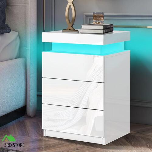 RETURNs ALFORDSON Bedside Table RGB LED Nightstand 3 Drawers 4 Side High Gloss White