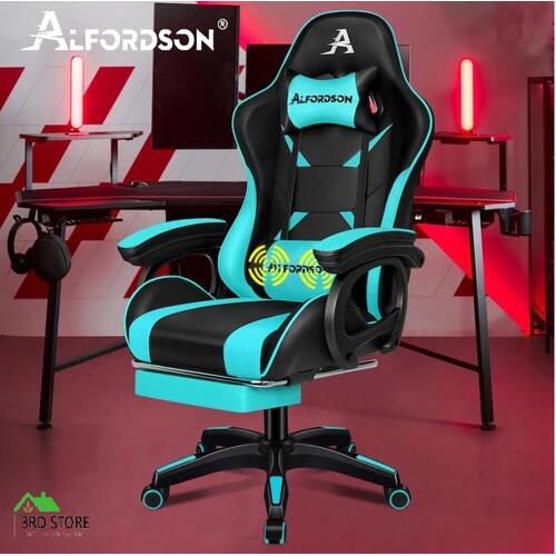 ALFORDSON Gaming Chair 2-point Massage Lumbar Cushion Xavier Black & Cyan