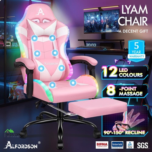 ALFORDSON Gaming Chair Office Massage 12 RGB LED Computer Seat PU Leather