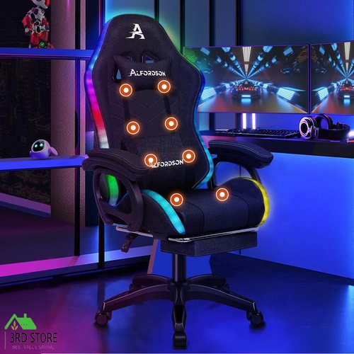 ALFORDSON LED Gaming Chair Office with 8-Point Massage Fabric Black
