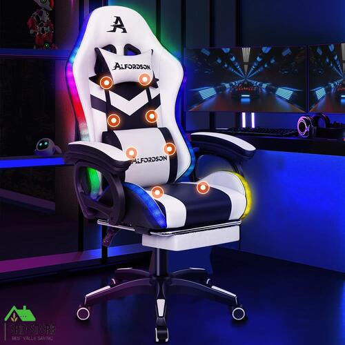 ALFORDSON Gaming Office Chair 12 RGB LED Massage Computer Seat Footrest White