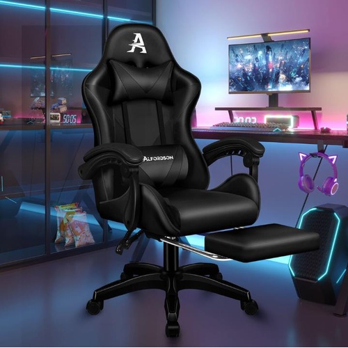 ALFORDSON Gaming Office Chair Massage Computer Footrest Seat Leather All Black