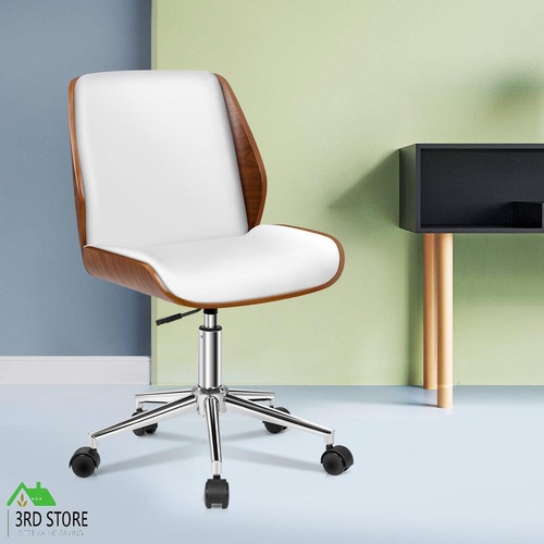 ALFORDSON Wooden Office Chair Computer Chairs Wood Seat PU Leather White