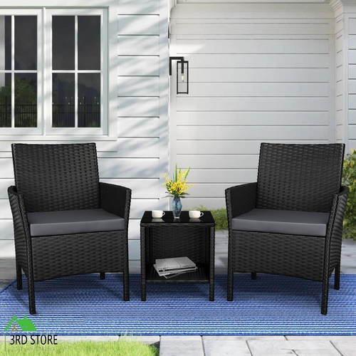 ALFORDSON Outdoor Furniture 3PCS Wicker Bistro Set Patio Chairs Table Black