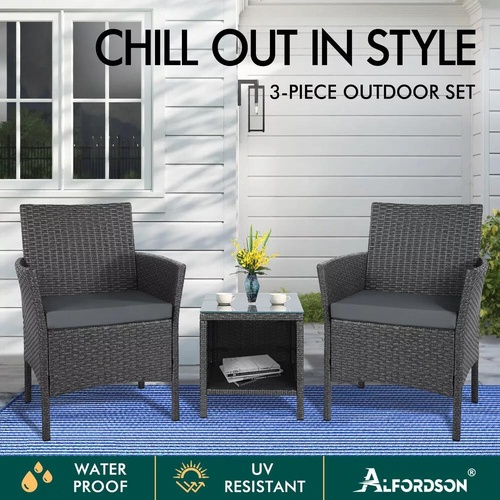 ALFORDSON Outdoor Furniture 3PCS Wicker Bistro Set Patio Chairs Table Dark Grey