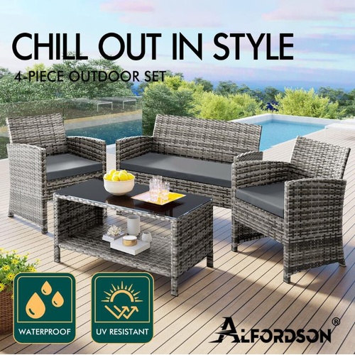 ALFORDSON Outdoor Furniture 4PCS Garden Patio Chairs Table Set Wicker Mixed Grey