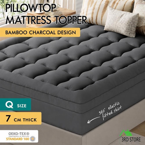 S.E. Bamboo Charcoal Pillowtop Mattress Topper Protector Pad Queen Size 7cm