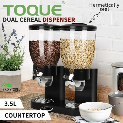 TOQUE Double Cereal Dispensers Dry Food Storage Container Dispense Machine Black