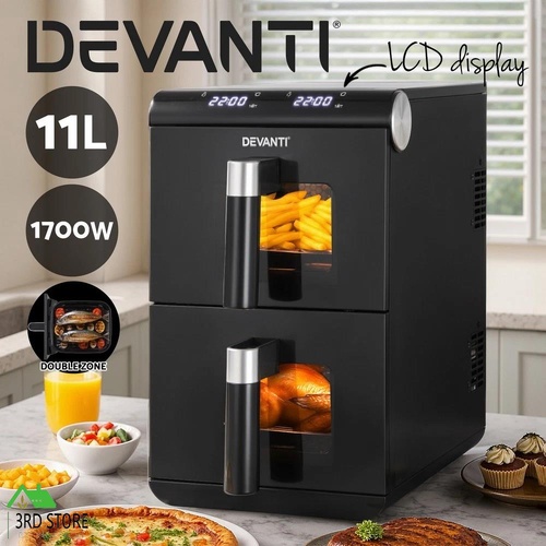 Devanti Air Fryer 11L LCD Fryers Kitchen Oven Dual Zone Healthy Cooker 1700W