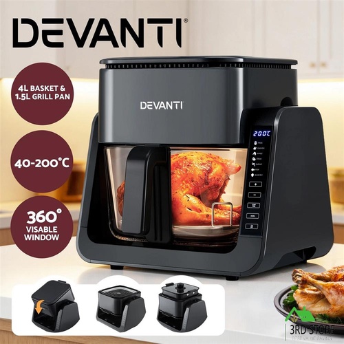 Devanti 2-IN-1 Air Fryer 5.5L Dual Zone Fryers Electric Cooker with Top BBQ Grill & Bot