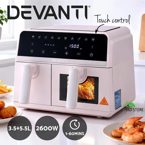 Devanti Air Fryer 9L Dual Zone Fryers 2600W Pink