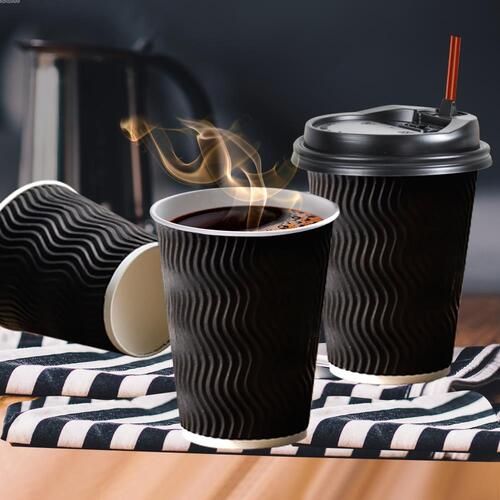 50x 8oz Take Away Coffee Cup+Lid Black Colour