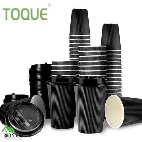 50x TOQUE Disposable Paper Coffee Cups Lids Takeaway Triple Wall 12OZ Black