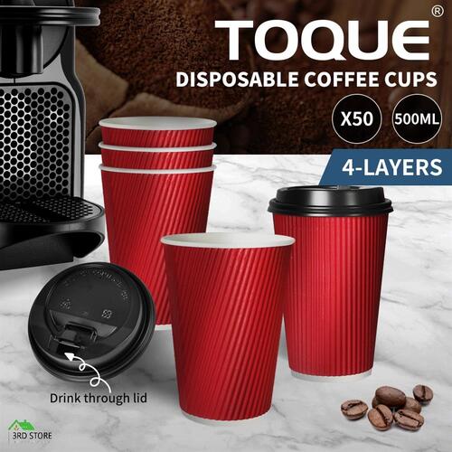 50x TOQUE Disposable Paper Coffee Cups Lids Bulk Takeaway Triple Wall 500ml